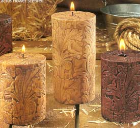 The fragrant beauty of our unique collection of western candles adds just the right touch of Western flair...These Tooled Leather Candles come cactus flower scented and nicely wrapped. Goes perfect with our bandana candle holder.
