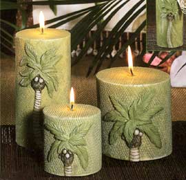 This new collection is inspired by the hottest tropical Caribbean and Colonial home decor trends. With a focus on classic pineapple and palm trees and exotic woven textures  this exciting group combines earthy hues with woven and sculpted pillars. Scented with fragrant tropical woods and grasses these candles are the perfect accessories for today's island casual home style. These Tropical Safari Palm Tree Sculpted Pillar Candles come tropical breeze scented.