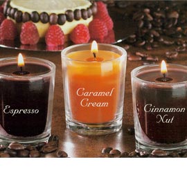 Do you enjoy the smell of fresh brewed coffee  then you will love this Scented Cafe Aroma 3-Pc Mini Glass Gift Set. These are strongly scented with your favorite cafe aromas. Includes the three mini glass candles pictures  which are Espresso  Caramel Cream  and Cinnamon Nut. Comes packaged in a silk-screened acetate box and tied with a satin ribbon  perfect for gift giving.