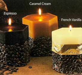 Do you enjoy the smell of fresh brewed coffee  then you will love these Scented Cafe Aroma Hexagon Pillars. These are strongly scented with your favorite cafe aromas. Comes in Mocha  Caramel Cream  or Cinnamon Nut. A coffee label and decorative coffee beans surround this pillar adding to its presentation. View the enlarged picture to see images of the other three scents.