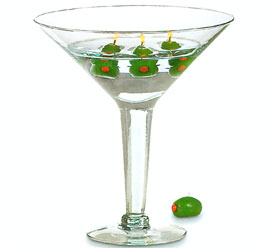 Martini glass candle holders are the hottest wedding center piece on the market. Made of solid glass  it holds a variety of fashionable concepts. Also great for cocktail parties or just to add some flair to your home. This martini glass is made of very strong thick glass and is really a nice addition to any home or perfect for parties or weddings. Floating Olives not included.