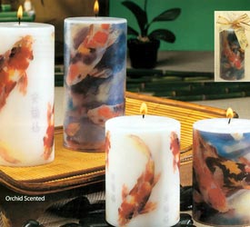 Enjoy the serenity of these scented Koi Fish Pillars. Place it in the middle of a table for a decidedly different centerpiece. Surrounded by a sea of tranquility  this candle is also a beautiful accent for a vanity or shelf. Although it can be lit  you may find it more enjoyable as a conversation piece. These Koi Fish Pillars are orchid scented.