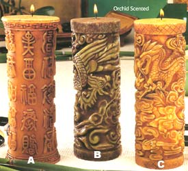 These beautifully carved scented Asian Elements Pillar Candles bring a glow and spiritual energy to any room. Adds a touch of culture  elegance  and mystique to a bedroom  living room  or bath. A marvelous accent for a room with a zen  feng shui  or multicultural theme. Availabe in three different carvings  choose by letter. All candles are orchid scented.