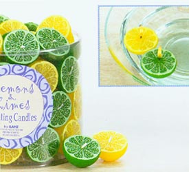 These floating lemon and lime candles contribute marvelously to an enchanted orchard theme in a kitchen or breakfast nook. Hint: Fill a large punch bowl with water  color the water with red food coloring  add in several floating lemon and lime candles and floating orange candles  and have yourself a flaming punch bowl to set in an empty fireplace for a dazzling party decoration! Floaters are unscented and sold individually.