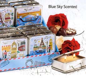 No need to pack any suitcase on your next trip  this adorable Travel Suitcase Tin will have everything you need. This blue sky scented tin candle comes in a cute metal suitcase shaped tin that is color screened with european travel destinations. Comes in assorted tins and sold individually.