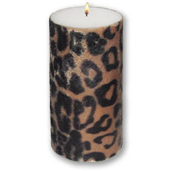 This is not your typical candle. The Animal Skin Pillar is unique and the safari animal design is exquisite. This handpressed leopard animal skin is wrapped completely around the candle and will create a safari theme to any room.